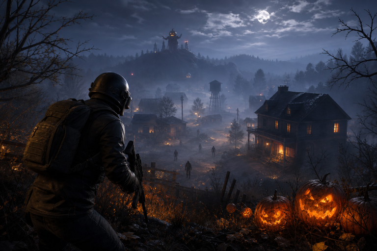 Düstere Battle-Royale-Insel mit nebligen Feldern und unheimlichen Gestalten zu Halloween