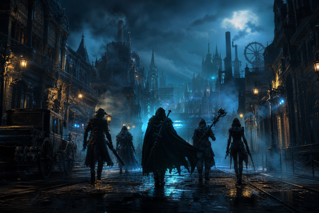 Düstere, verwinkelte Stadtstraße mit geheimnisvollen Fantasy-Helden im Abendlicht