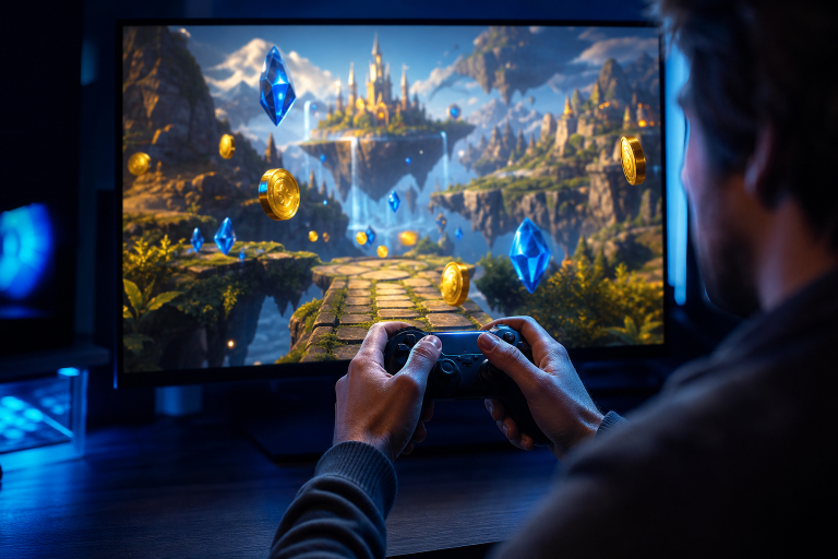 Spielende schauen auf einen Bildschirm mit einer virtuellen Spielwelt und digitalen Münzen