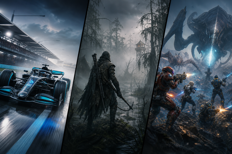 Drei unterschiedliche Gaming-Szenen mit Formel-1-Rennwagen, düsterer Monsterjagd und farbenfroher Alien-Action