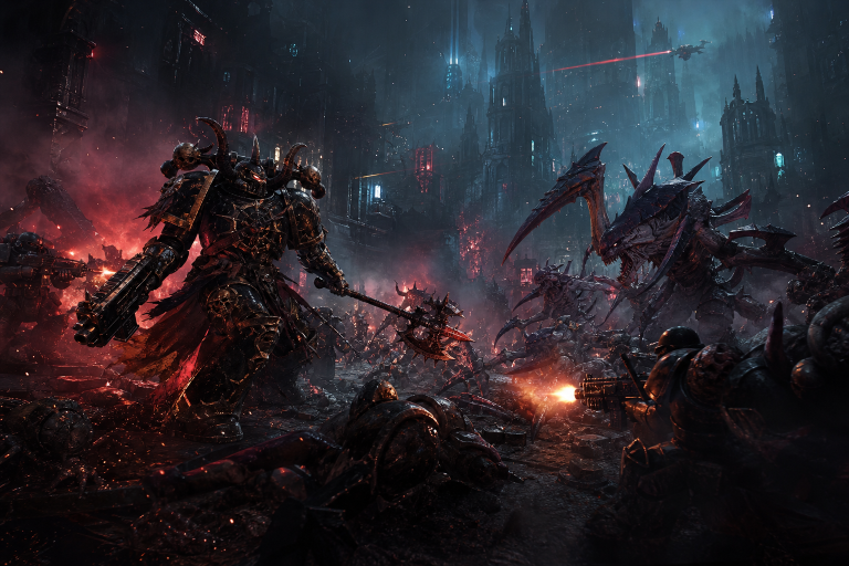 Chaos Space Marine kämpft in einer zerstörten Hive City gegen Tyraniden