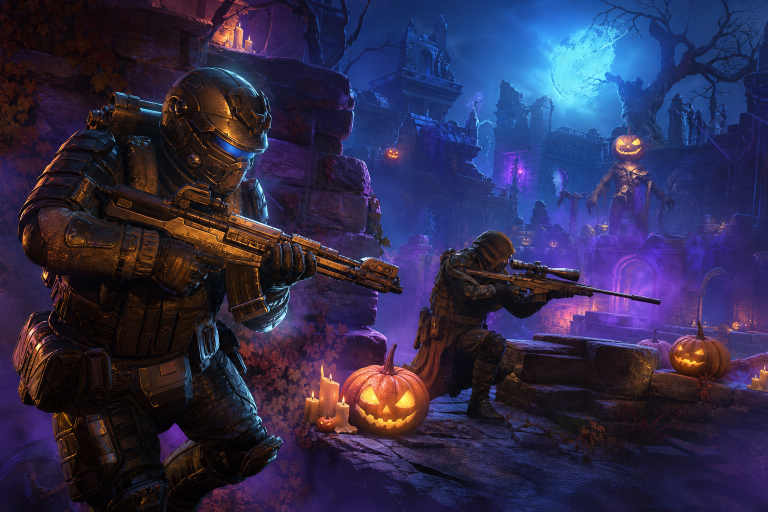 Halloween-inspirierte Team-Fortress-2-Schlacht auf einer düsteren Karte mit Kürbissen