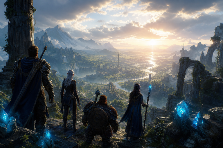 Abenteuergruppe blickt auf eine weite Fantasy-Landschaft mit Bergen und alten Ruinen