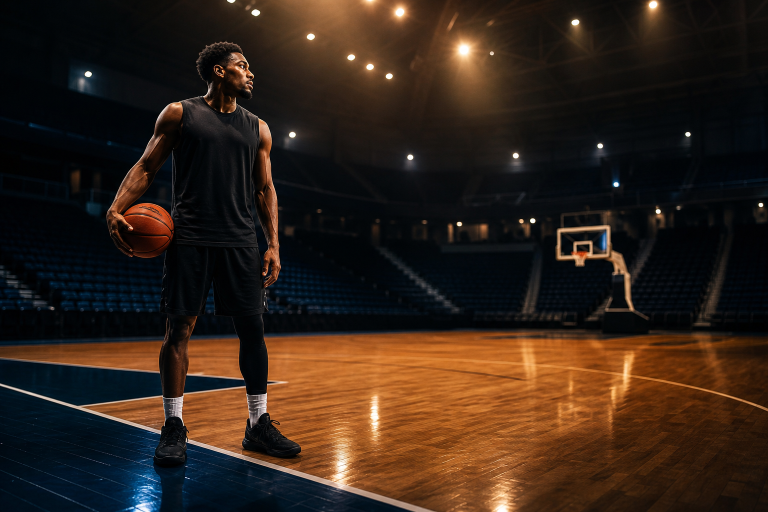 Basketballspieler mit Ball in einer dunklen Arena