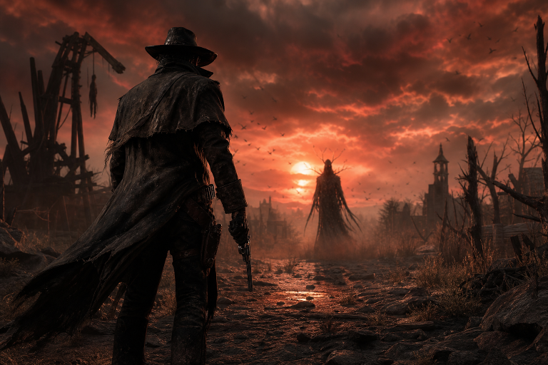 Revolverheld in einer düsteren, übernatürlichen Westernlandschaft aus Guns of Eschaton