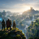 Fantasy-Abenteurer erkunden eine blockartige Landschaft in einem Sandbox-Rollenspiel
