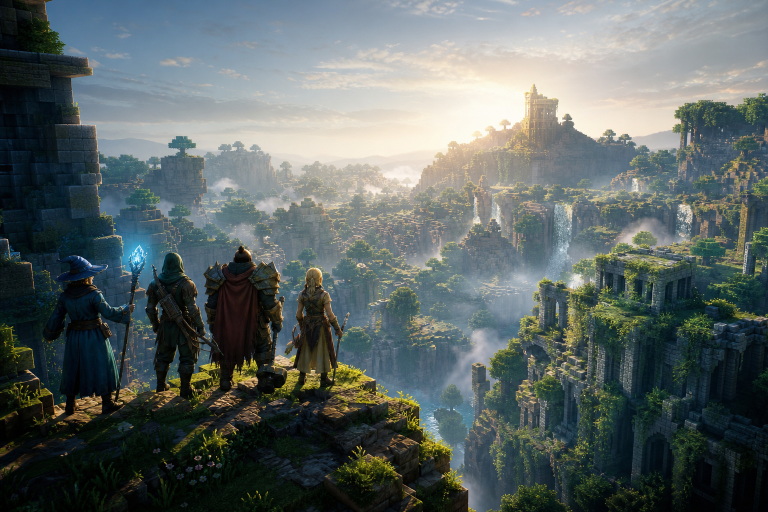 Fantasy-Abenteurer erkunden eine blockartige Landschaft in einem Sandbox-Rollenspiel