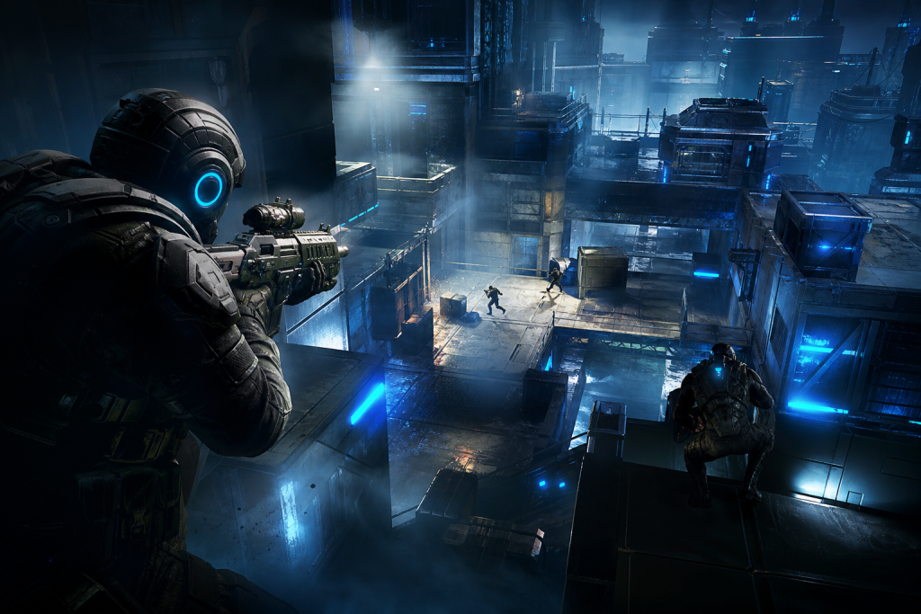 Taktische Shooter-Szene auf einer futuristischen Karte mit zwei Teams vor einem strategischen Angriff
