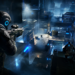 Taktische Shooter-Szene auf einer futuristischen Karte mit zwei Teams vor einem strategischen Angriff