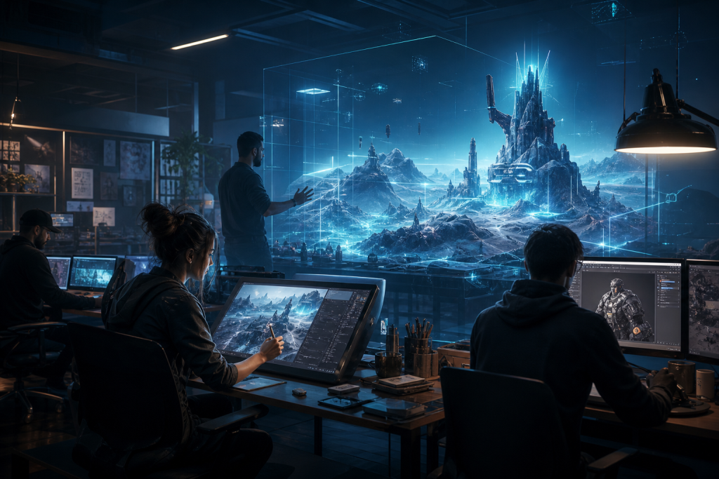 Futuristisches Spieleentwicklungsstudio mit Entwicklerinnen und Entwicklern vor einer digitalen, KI-inspirierten Spielwelt