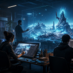 Futuristisches Spieleentwicklungsstudio mit Entwicklerinnen und Entwicklern vor einer digitalen, KI-inspirierten Spielwelt