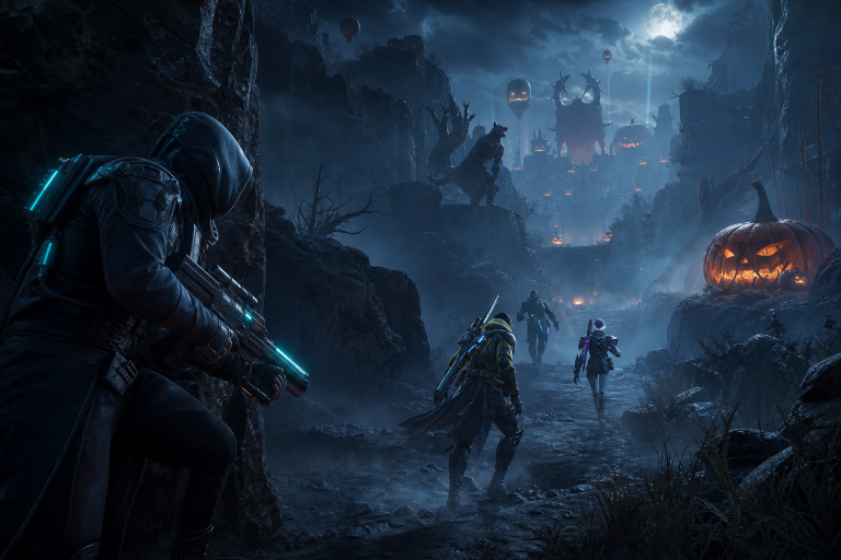 Legenden aus Apex Legends kämpfen in einer nebligen, nächtlichen Schlucht mit herbstlicher Halloween-Atmosphäre
