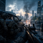 Soldaten bewegen sich durch eine zerstörte Großstadt während eines militärischen Einsatzes